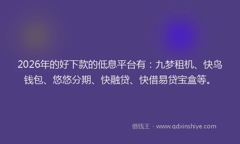 2026年的好下款的低息平台有：九梦租机、快鸟钱包、悠悠分期、快融贷、快借易贷宝盒等。
