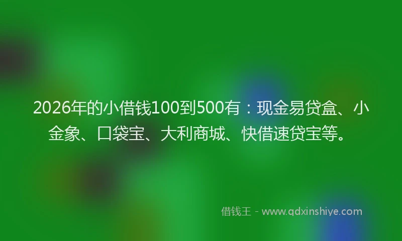 2026年的小借钱100到500有：现金易贷盒、小金象、口袋宝、大利商城、快借速贷宝等。