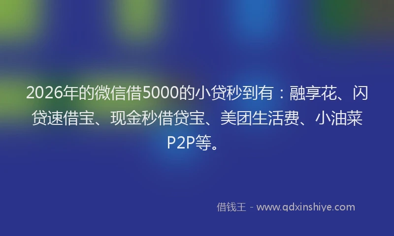 2026年的微信借5000的小贷秒到有：融享花、闪贷速借宝、现金秒借贷宝、美团生活费、小油菜P2P等。