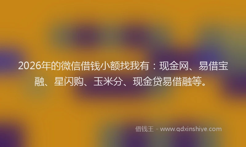2026年的微信借钱小额找我有：现金网、易借宝融、星闪购、玉米分、现金贷易借融等。