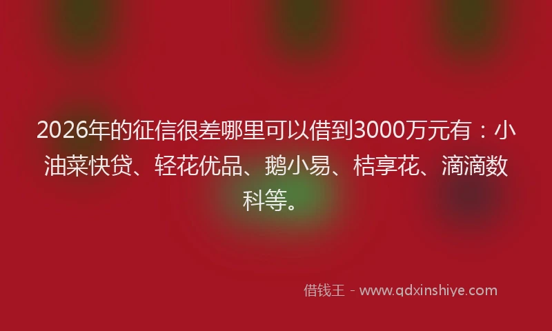 2026年的征信很差哪里可以借到3000万元有：小油菜快贷、轻花优品、鹅小易、桔享花、滴滴数科等。