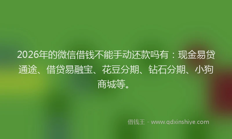 2026年的微信借钱不能手动还款吗有：现金易贷通途、借贷易融宝、花豆分期、钻石分期、小狗商城等。