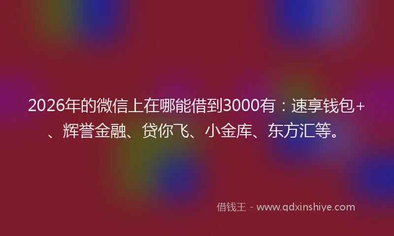 2026年的微信上在哪能借到3000有：速享钱包+、辉誉金融、贷你飞、小金库、东方汇等。