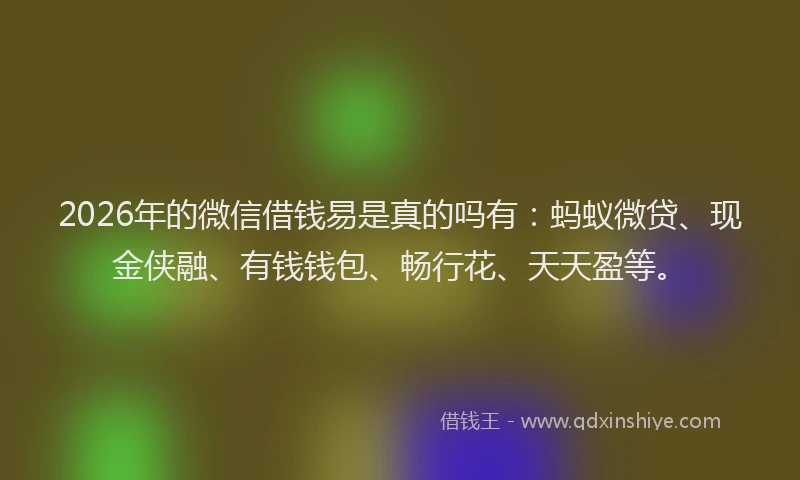 2026年的微信借钱易是真的吗有：蚂蚁微贷、现金侠融、有钱钱包、畅行花、天天盈等。