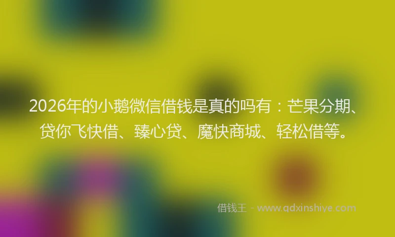 2026年的小鹅微信借钱是真的吗有：芒果分期、贷你飞快借、臻心贷、魔快商城、轻松借等。
