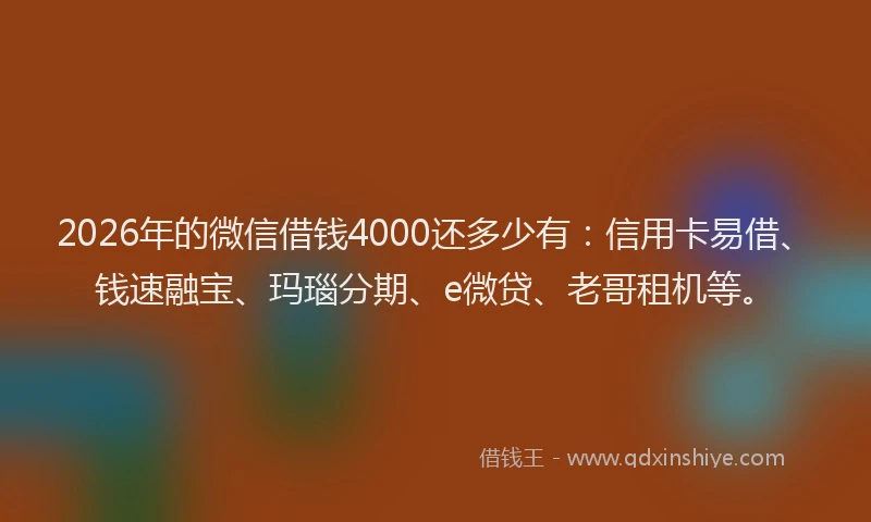 2026年的微信借钱4000还多少有：信用卡易借、钱速融宝、玛瑙分期、e微贷、老哥租机等。