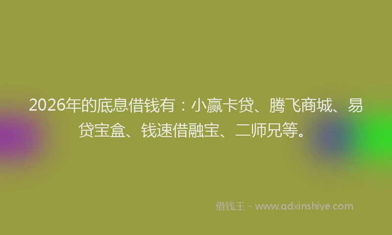 2026年的底息借钱有：小赢卡贷、腾飞商城、易贷宝盒、钱速借融宝、二师兄等。