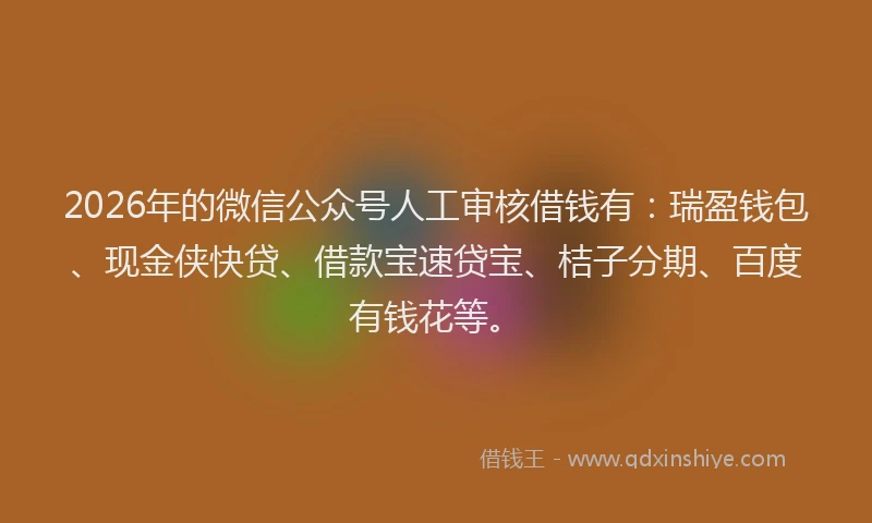 2026年的微信公众号人工审核借钱有：瑞盈钱包、现金侠快贷、借款宝速贷宝、桔子分期、百度有钱花等。