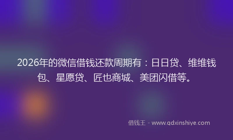 2026年的微信借钱还款周期有：日日贷、维维钱包、星愿贷、匠也商城、美团闪借等。