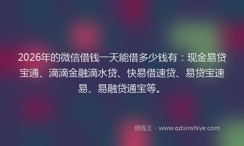 2026年的微信借钱一天能借多少钱有：现金易贷宝通、滴滴金融滴水贷、快易借速贷、易贷宝速易、易融贷通宝等。