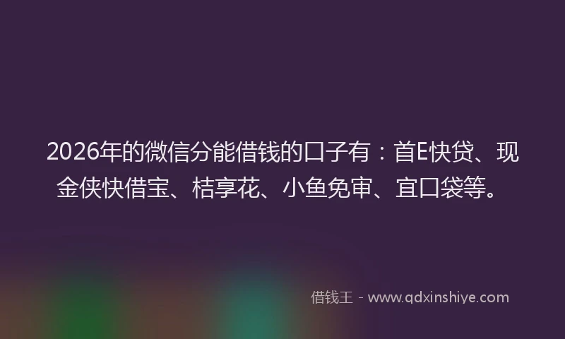 2026年的微信分能借钱的口子有：首E快贷、现金侠快借宝、桔享花、小鱼免审、宜口袋等。