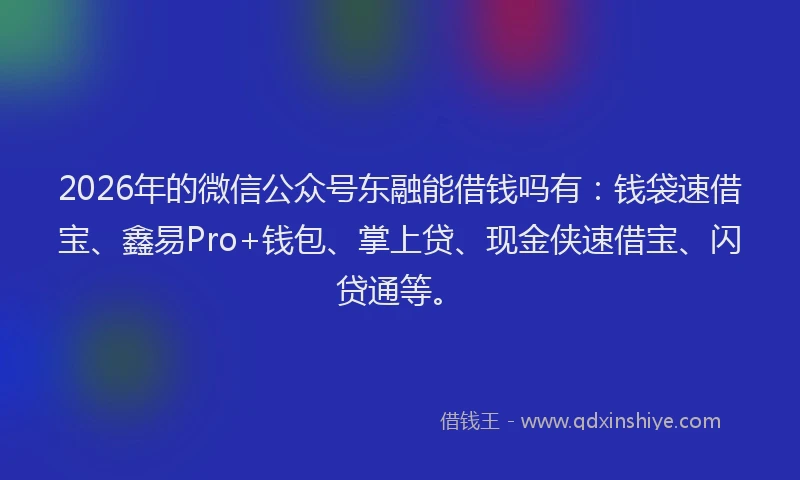 2026年的微信公众号东融能借钱吗有：钱袋速借宝、鑫易Pro+钱包、掌上贷、现金侠速借宝、闪贷通等。