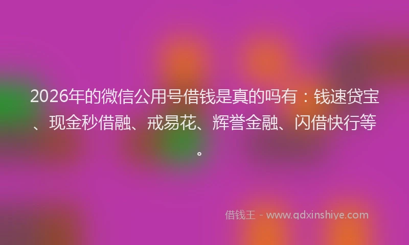 2026年的微信公用号借钱是真的吗有：钱速贷宝、现金秒借融、戒易花、辉誉金融、闪借快行等。