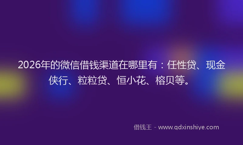2026年的微信借钱渠道在哪里有：任性贷、现金侠行、粒粒贷、恒小花、榕贝等。