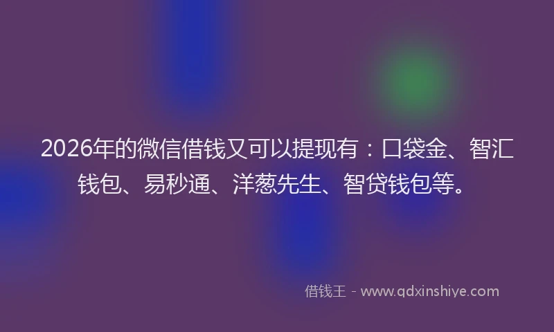 2026年的微信借钱又可以提现有：口袋金、智汇钱包、易秒通、洋葱先生、智贷钱包等。