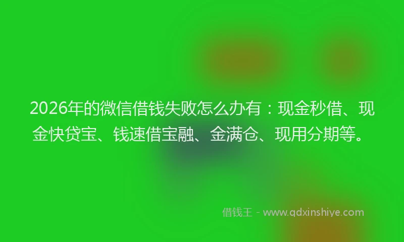 2026年的微信借钱失败怎么办有：现金秒借、现金快贷宝、钱速借宝融、金满仓、现用分期等。