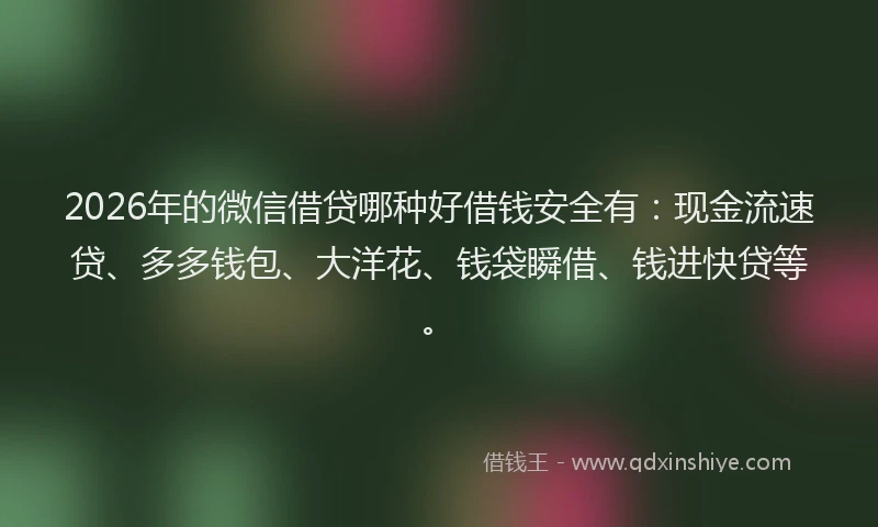 2026年的微信借贷哪种好借钱安全有：现金流速贷、多多钱包、大洋花、钱袋瞬借、钱进快贷等。