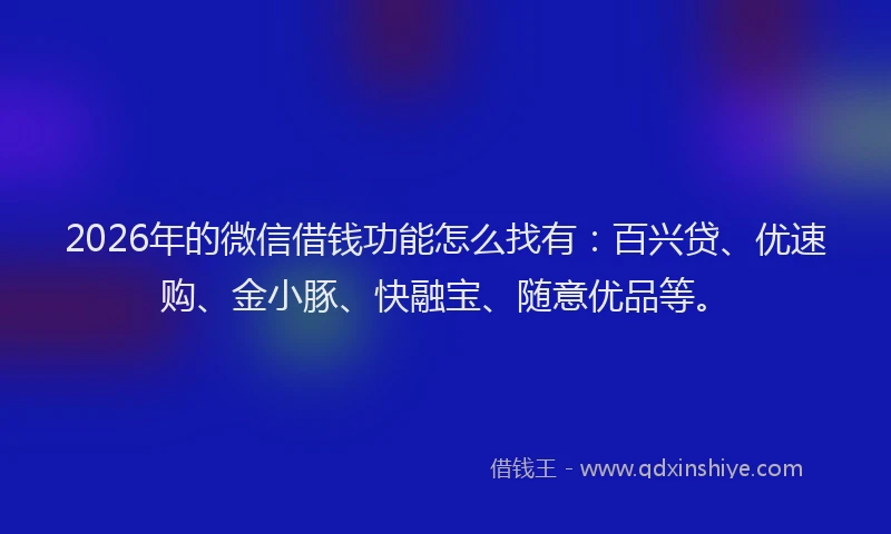 2026年的微信借钱功能怎么找有：百兴贷、优速购、金小豚、快融宝、随意优品等。