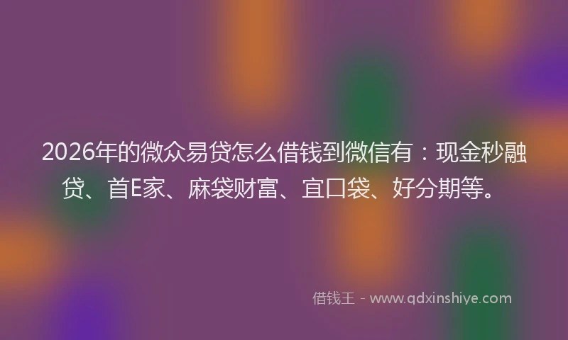 2026年的微众易贷怎么借钱到微信有：现金秒融贷、首E家、麻袋财富、宜口袋、好分期等。