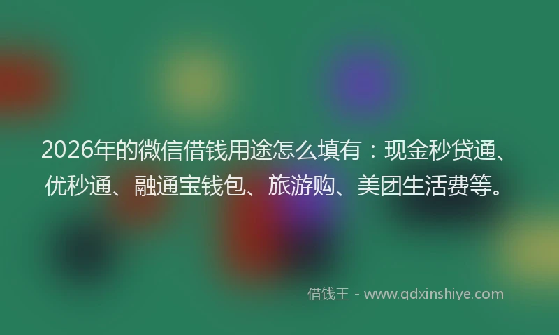 2026年的微信借钱用途怎么填有：现金秒贷通、优秒通、融通宝钱包、旅游购、美团生活费等。