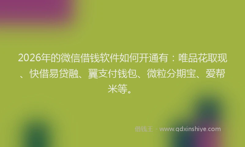 2026年的微信借钱软件如何开通有：唯品花取现、快借易贷融、翼支付钱包、微粒分期宝、爱帮米等。