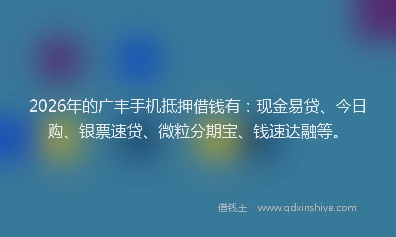 2026年的广丰手机抵押借钱有：现金易贷、今日购、银票速贷、微粒分期宝、钱速达融等。