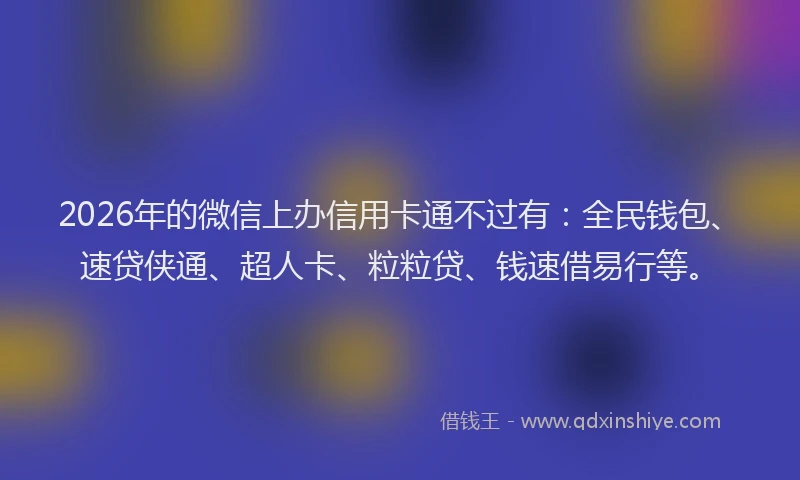 2026年的微信上办信用卡通不过有：全民钱包、速贷侠通、超人卡、粒粒贷、钱速借易行等。