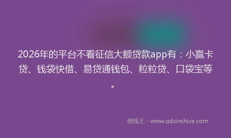 2026年的平台不看征信大额贷款app有：小赢卡贷、钱袋快借、易贷通钱包、粒粒贷、口袋宝等。