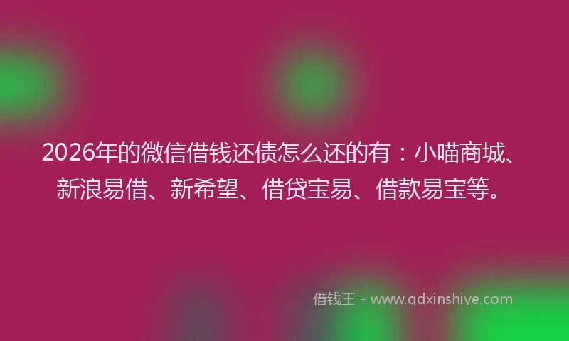 2026年的微信借钱还债怎么还的有：小喵商城、新浪易借、新希望、借贷宝易、借款易宝等。