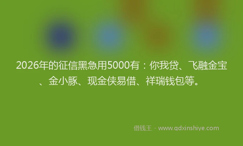 2026年的征信黑急用5000有：你我贷、飞融金宝、金小豚、现金侠易借、祥瑞钱包等。