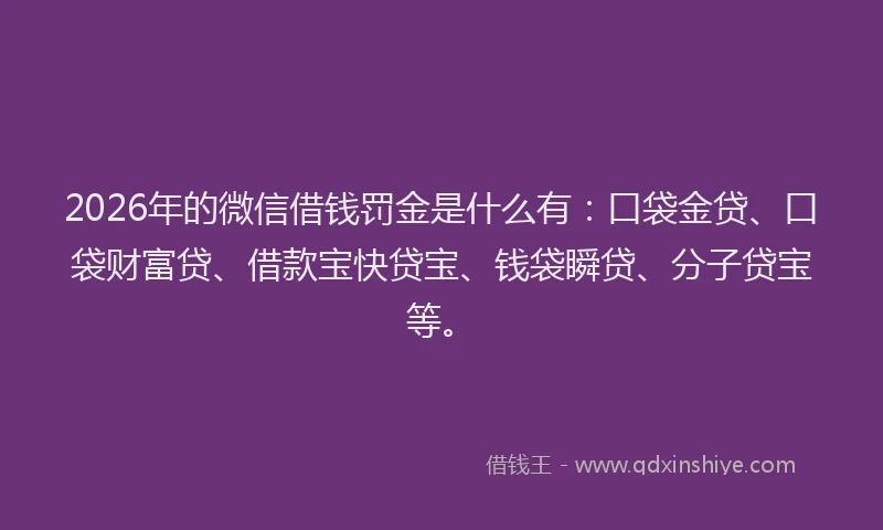 2026年的微信借钱罚金是什么有:口袋金贷、口袋财富贷、借款宝快贷宝、钱袋瞬贷、分子贷宝等。