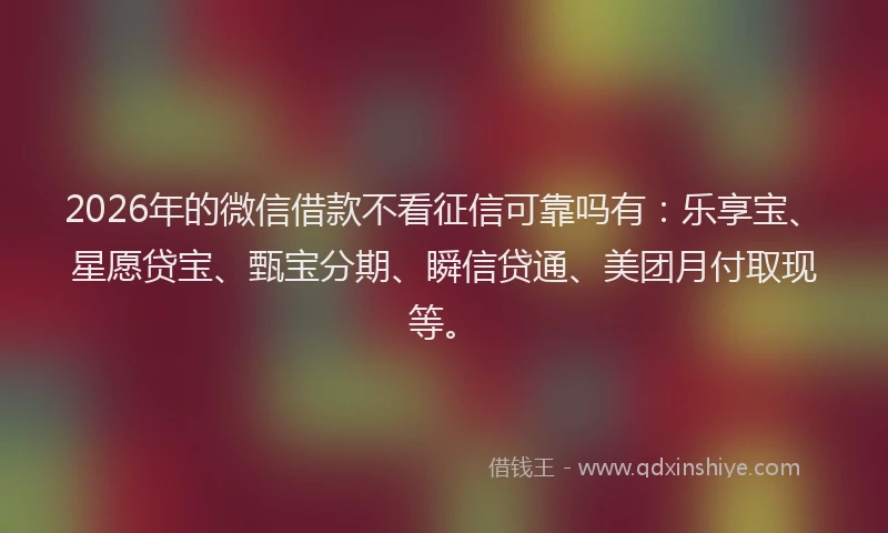 2026年的微信借款不看征信可靠吗有：乐享宝、星愿贷宝、甄宝分期、瞬信贷通、美团月付取现等。