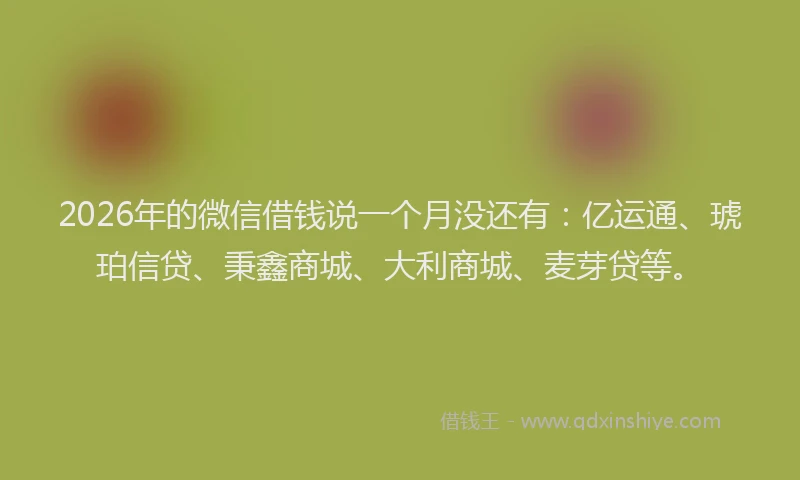 2026年的微信借钱说一个月没还有：亿运通、琥珀信贷、秉鑫商城、大利商城、麦芽贷等。
