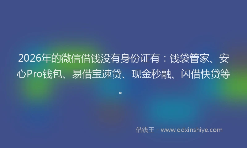2026年的微信借钱没有身份证有：钱袋管家、安心Pro钱包、易借宝速贷、现金秒融、闪借快贷等。