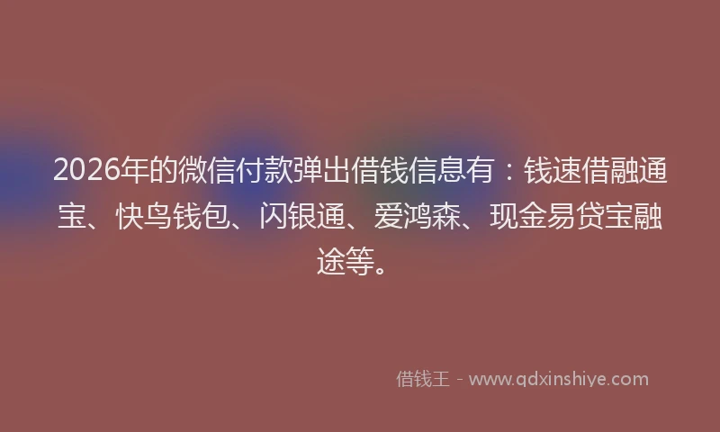 2026年的微信付款弹出借钱信息有：钱速借融通宝、快鸟钱包、闪银通、爱鸿森、现金易贷宝融途等。