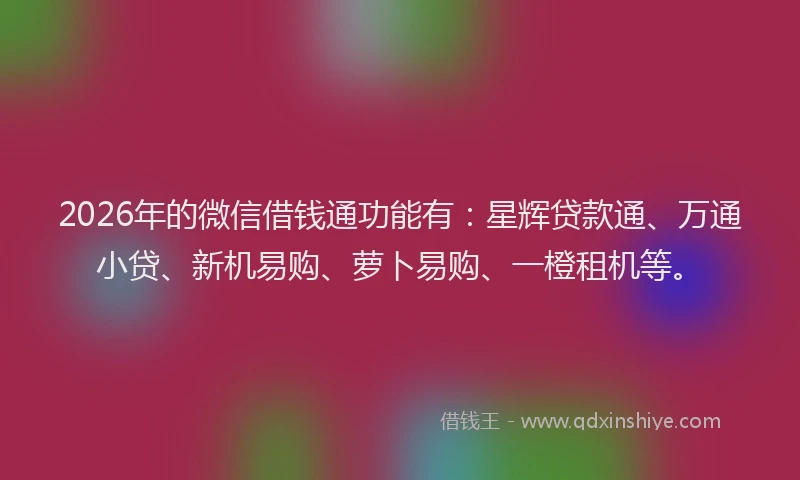 2026年的微信借钱通功能有：星辉贷款通、万通小贷、新机易购、萝卜易购、一橙租机等。