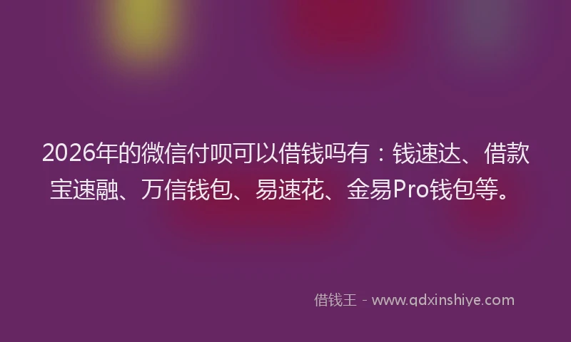 2026年的微信付呗可以借钱吗有：钱速达、借款宝速融、万信钱包、易速花、金易Pro钱包等。
