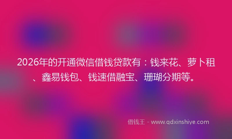 2026年的开通微信借钱贷款有：钱来花、萝卜租、鑫易钱包、钱速借融宝、珊瑚分期等。