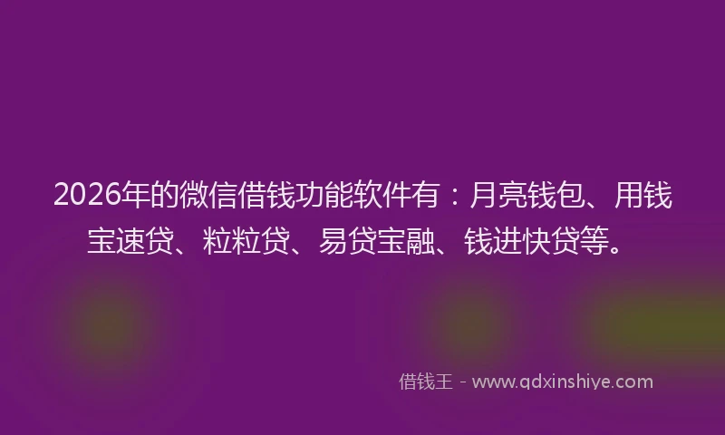 2026年的微信借钱功能软件有：月亮钱包、用钱宝速贷、粒粒贷、易贷宝融、钱进快贷等。