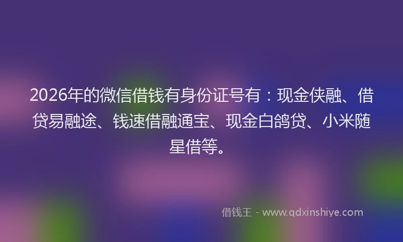 2026年的微信借钱有身份证号有：现金侠融、借贷易融途、钱速借融通宝、现金白鸽贷、小米随星借等。
