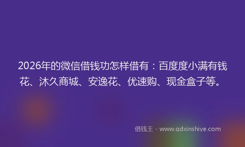 2026年的微信借钱功怎样借有：百度度小满有钱花、沐久商城、安逸花、优速购、现金盒子等。