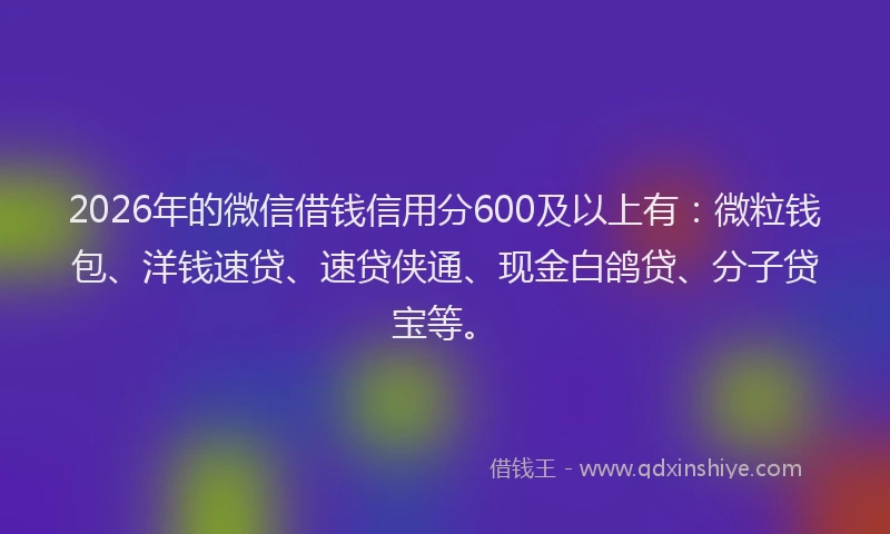 2026年的微信借钱信用分600及以上有：微粒钱包、洋钱速贷、速贷侠通、现金白鸽贷、分子贷宝等。
