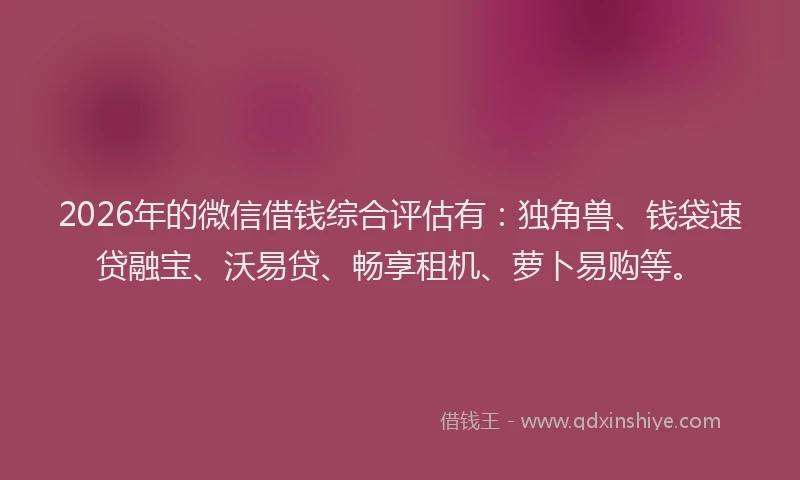 2026年的微信借钱综合评估有：独角兽、钱袋速贷融宝、沃易贷、畅享租机、萝卜易购等。