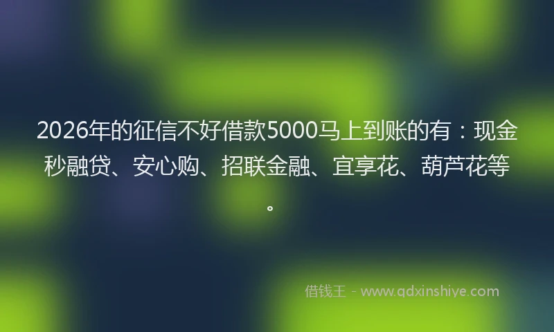 2026年的征信不好借款5000马上到账的有：现金秒融贷、安心购、招联金融、宜享花、葫芦花等。