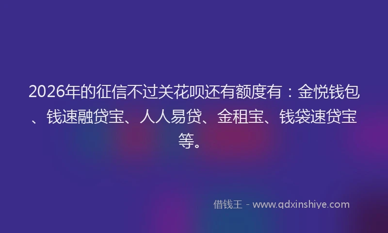 2026年的征信不过关花呗还有额度有：金悦钱包、钱速融贷宝、人人易贷、金租宝、钱袋速贷宝等。