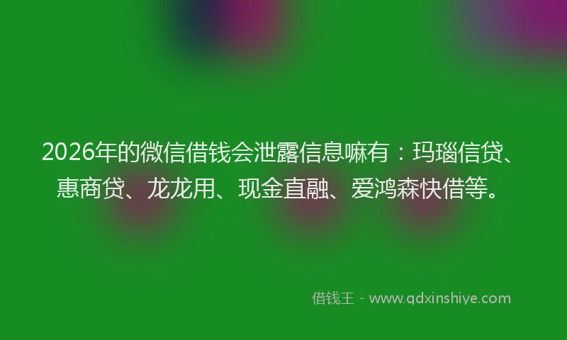 2026年的微信借钱会泄露信息嘛有：玛瑙信贷、惠商贷、龙龙用、现金直融、爱鸿森快借等。