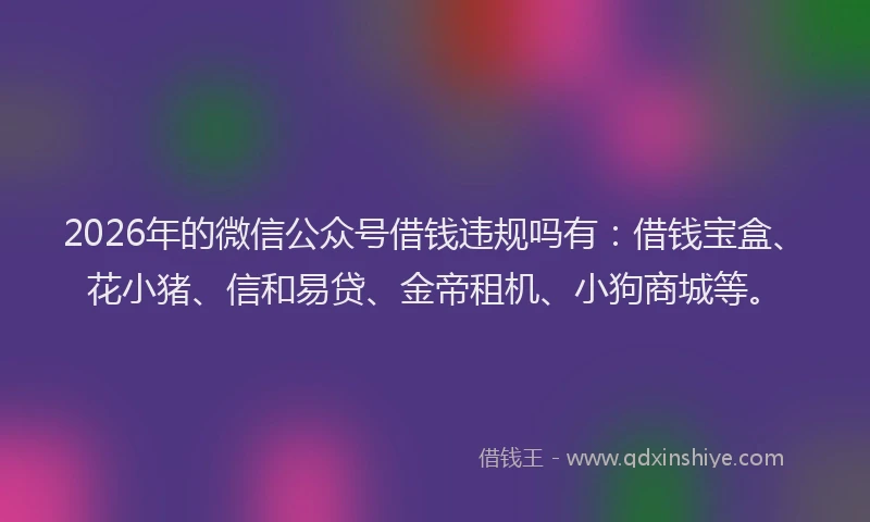 2026年的微信公众号借钱违规吗有：借钱宝盒、花小猪、信和易贷、金帝租机、小狗商城等。