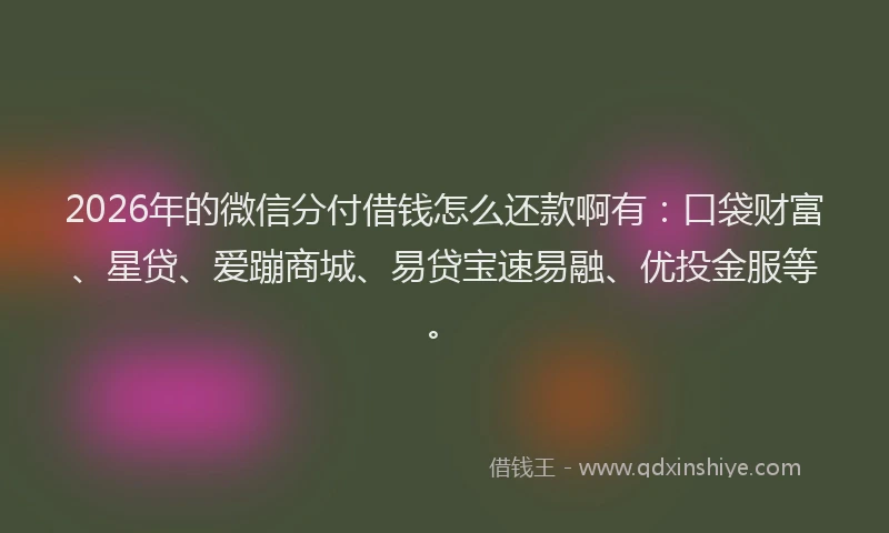 2026年的微信分付借钱怎么还款啊有：口袋财富、星贷、爱蹦商城、易贷宝速易融、优投金服等。