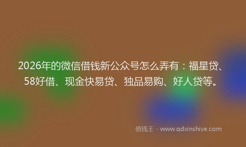 2026年的微信借钱新公众号怎么弄有：福星贷、58好借、现金快易贷、独品易购、好人贷等。