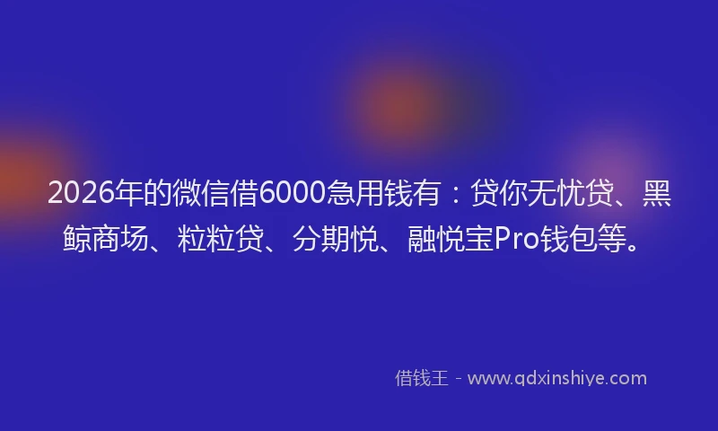 2026年的微信借6000急用钱有：贷你无忧贷、黑鲸商场、粒粒贷、分期悦、融悦宝Pro钱包等。